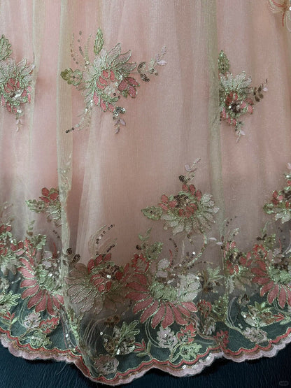 formaldressy-Pink Delicate Floral Long Tulle Ball Gown gh5351