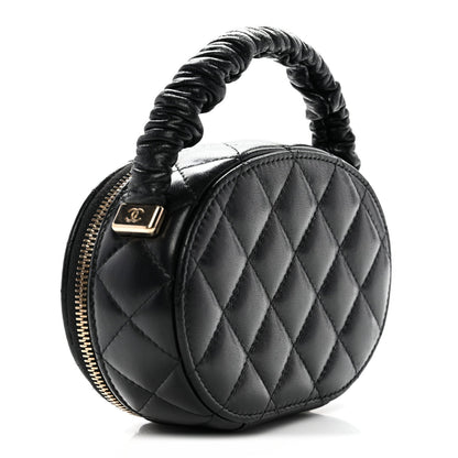 Lambskin Quilted Ruched Top Handle Vanity Case Black