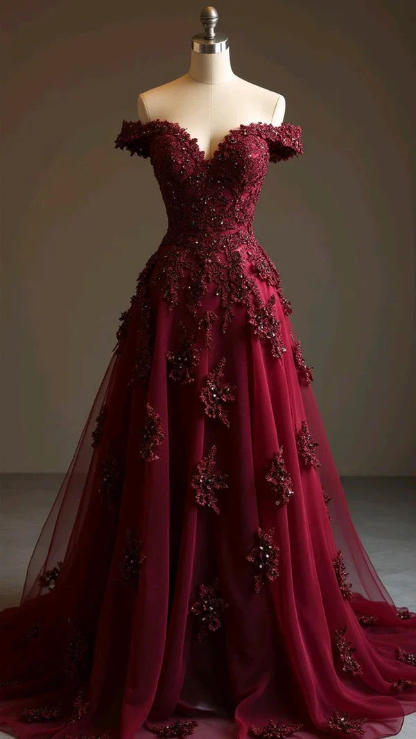 formaldressy--Burgundy Delicate Floral Applique Long Tulle Prom Dress gh5634