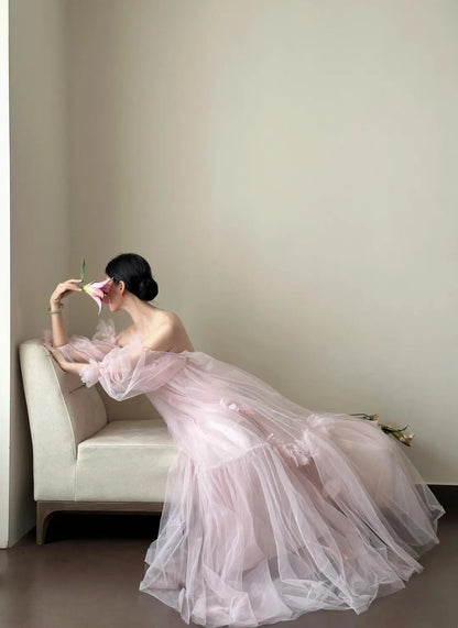 formaldressy- Vintage Pink Tulle Off-Shoulder Puff Sleeve Open-Back Long Forest-Style Evening Gown gh6092