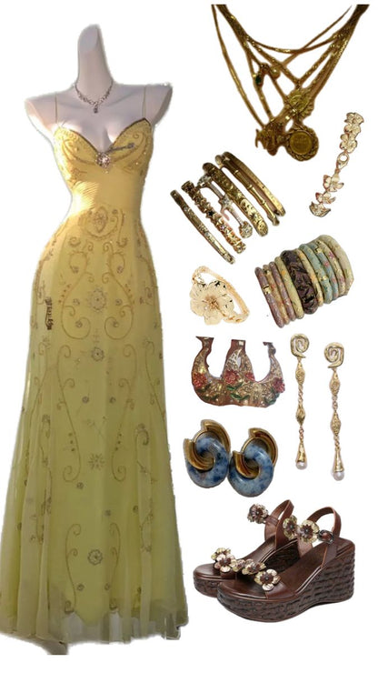 Yellow Beaded Evening Dress Unique Long Prom Dress    cg25572