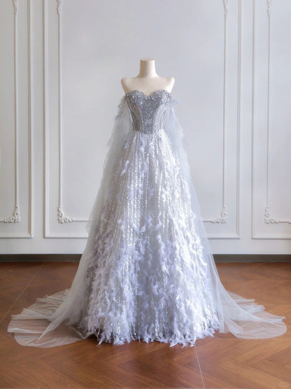 formaldressy--Gray purple gorgeous feather tulle and diamond exquisite beading long tulle prom dress wedding dress gh5486