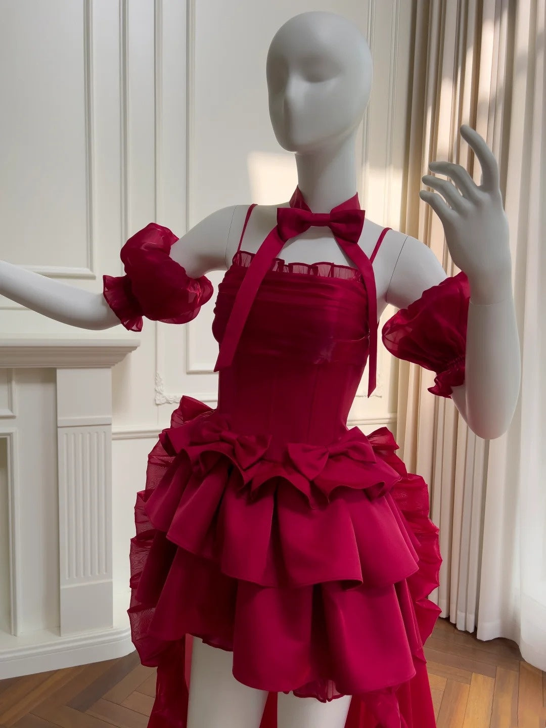 formaldressy-Burgundy Satin Spaghetti-Strap Puff-Sleeve Train Gown  gh6383
