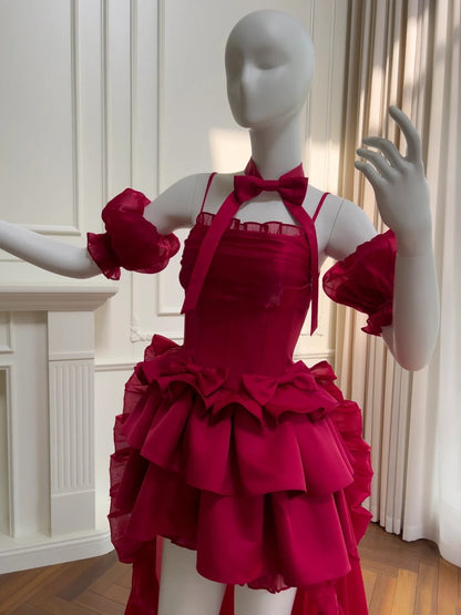 formaldressy-Burgundy Satin Spaghetti-Strap Puff-Sleeve Train Gown  gh6383