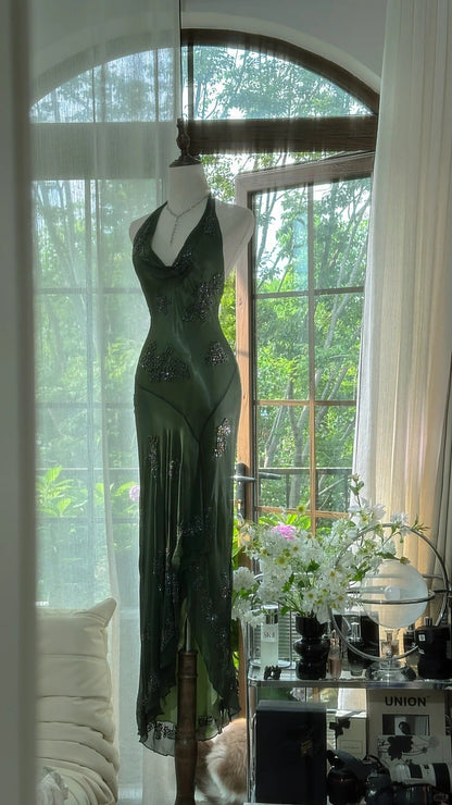 Green Halter Prom Party Dresses Unique Long Evening Dress Vintage Princess Dress   cg26004