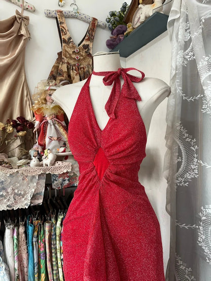 Red Halter Mermaid Vintage Evening Dresses, Sleeveless Party Gowns  cg25494
