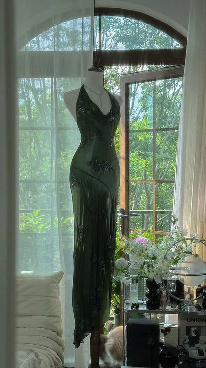 Green Halter Prom Party Dresses Unique Long Evening Dress Vintage Princess Dress   cg26004