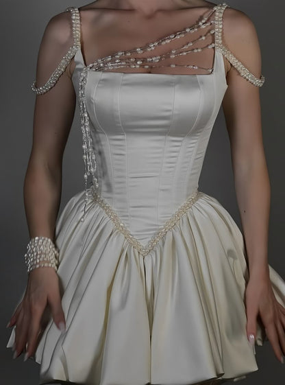 Ivory A-Line Pearl Satin Homecoming Dress Mini Prom Bridal Dress    cg25964