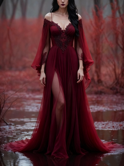 formaldressy-Long Sleeves Long Tulle Floor-Length Train Retro Elegant Ball Gown Evening Dress gh5943
