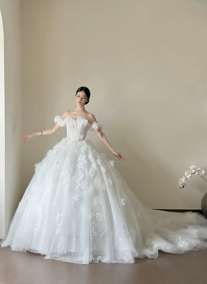 formaldressy- Vintage White 3D Floral Strapless Long Train Court Style Wedding Gown gh6093