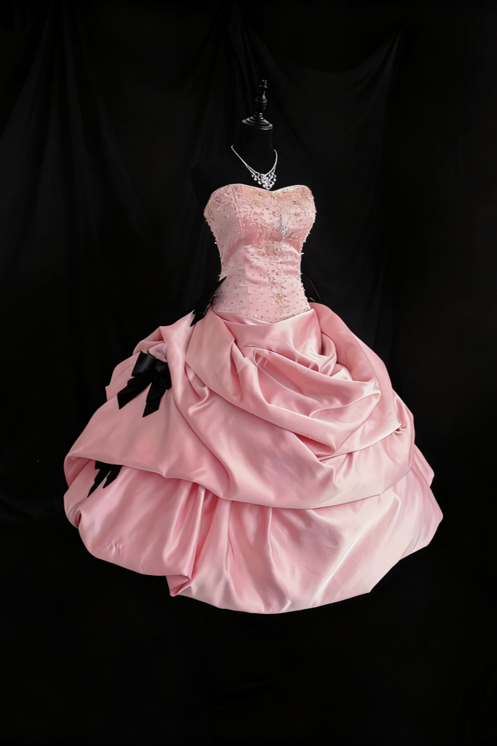 formaldressy-Girlish Heart Party Style Pink Satin & Black Bow Beaded Strapless Floor - Length Birthday Highlight Dress gh5888