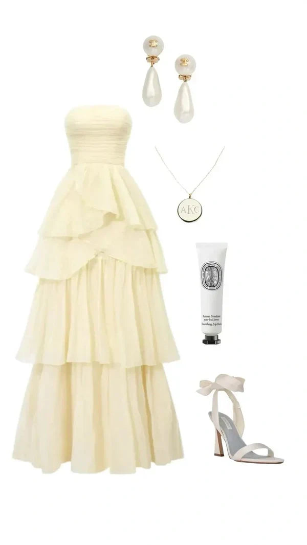 formaldressy-- Yellow elegant layered long chiffon prom dress graceful wedding guest party dress gh5567