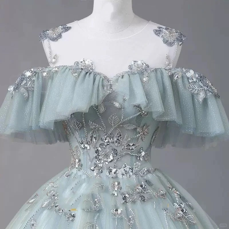 formaldressy-Light green floral bead decoration long chiffon tulle graduation dress, adult ceremony dress, ball dress, prom dress, 16-year-old dress, model dress gh5310