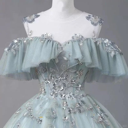 formaldressy-Light green floral bead decoration long chiffon tulle graduation dress, adult ceremony dress, ball dress, prom dress, 16-year-old dress, model dress gh5310