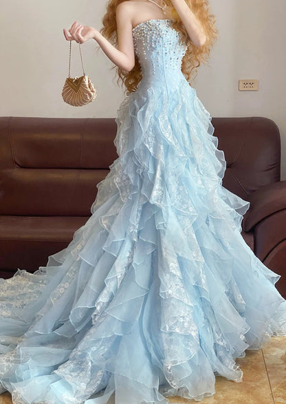 Blue Mermaid Vintage Tulle Long Evening Dresses,Sleeveless Party Gowns  cg25484