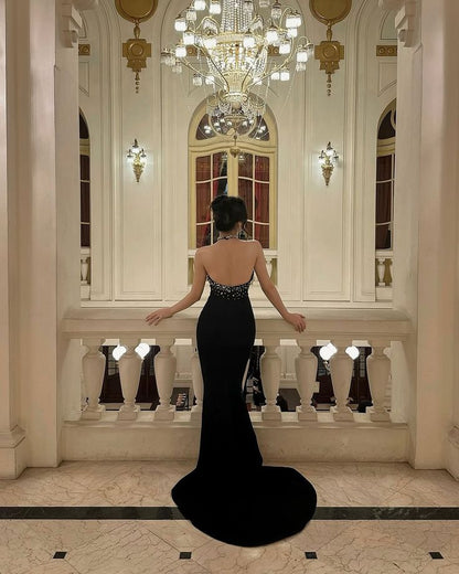 Black Mermaid Halter Long Prom Party Dresses Formal Evening Dress    cg25877