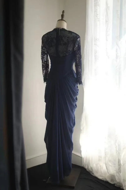 Navy Blue Lace Prom Dresses, Long Evening Dress Vintage Formal Dress    cg25978