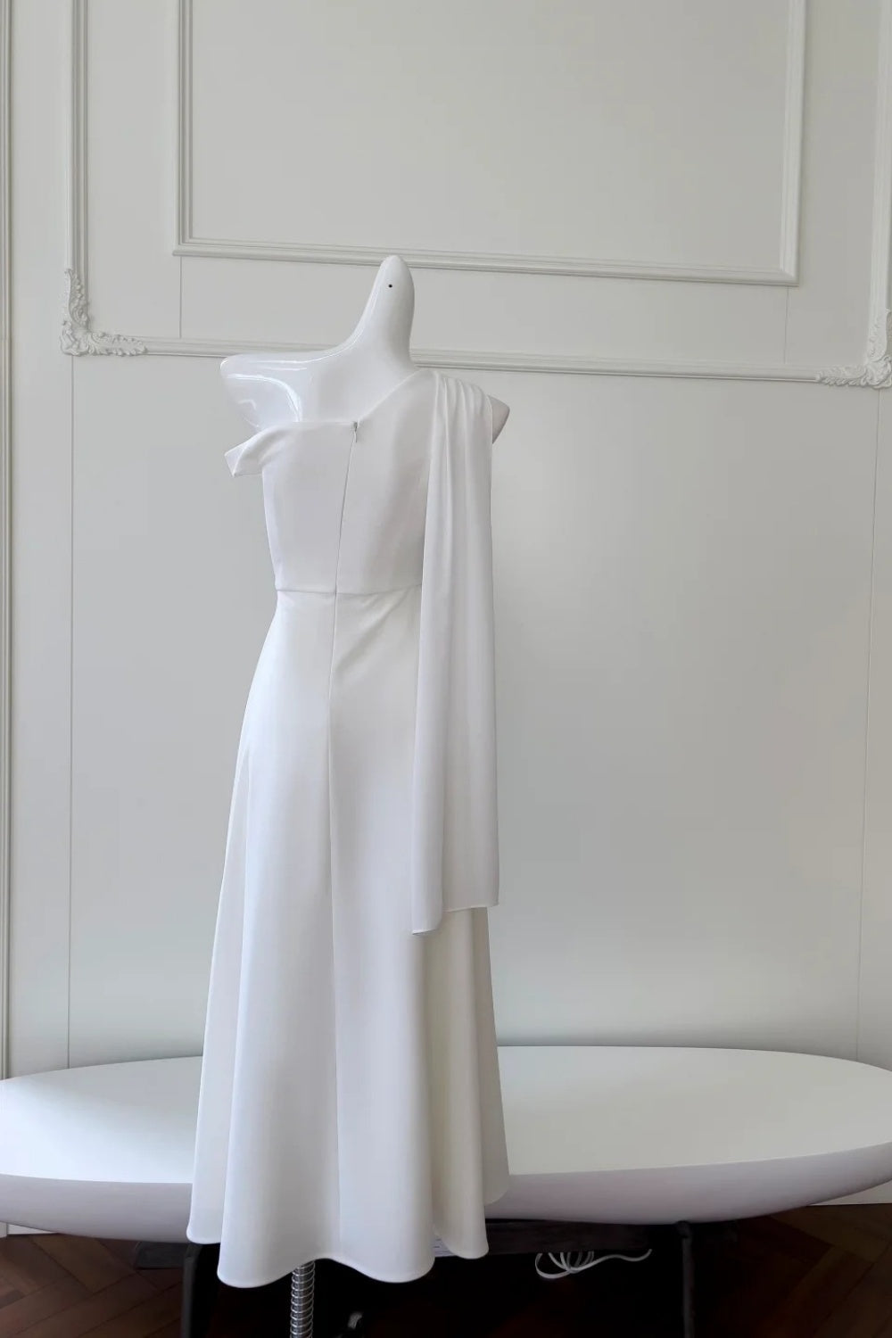 formaldressy- Minimalist White Asymmetric Off-Shoulder Midi Evening Gown gh6097