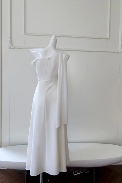 formaldressy- Minimalist White Asymmetric Off-Shoulder Midi Evening Gown gh6097