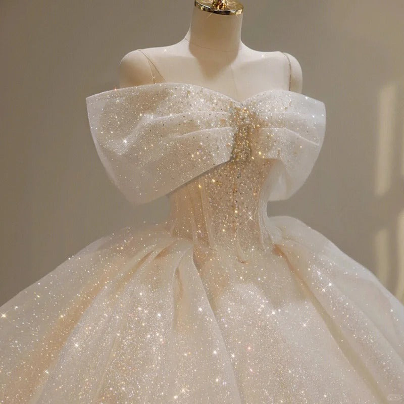 formaldressy-White Sparkling Gorgeous Off Shoulder Bow Starry Bead Decoration and Ground Formal Ball Dress Lace Dress Exquisite Wedding Dress gh5312
