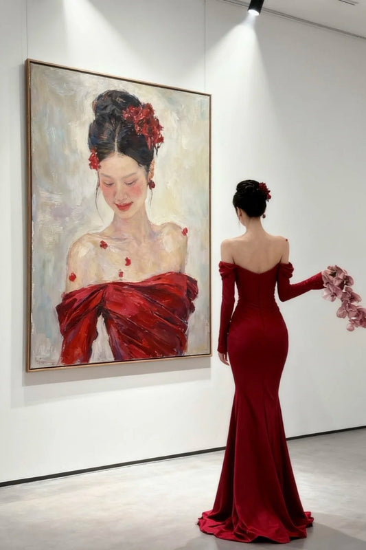 formaldressy- Red Long Sleeve Off-The-Shoulder Bodycon Satin Floor-Length Ball Gown Prom Dress gh5961