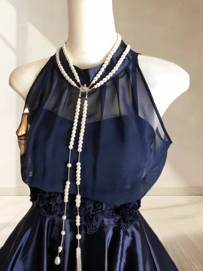 formaldressy--Navy blue satin retro halter neck elegant satin simple homecoming dress gh5699