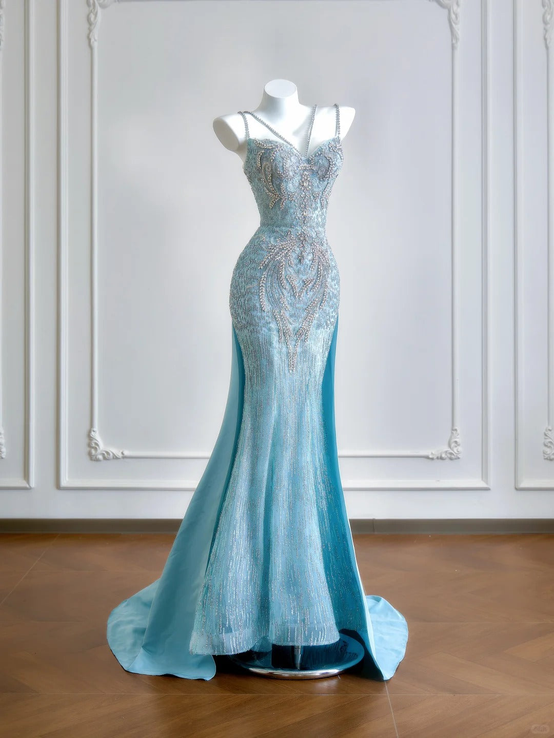 formaldressy--Aqua blue mermaid tail exquisite beaded long floor-length tulle prom dress gh5484