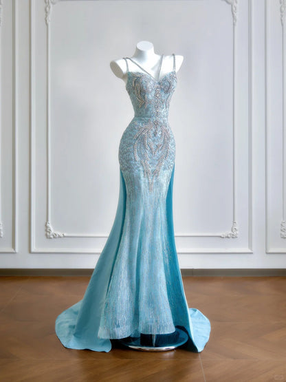 formaldressy--Aqua blue mermaid tail exquisite beaded long floor-length tulle prom dress gh5484