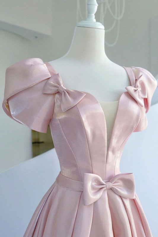 Pink Satin Long Prom Dress, A-Line Evening Dress with Bow     cg25017