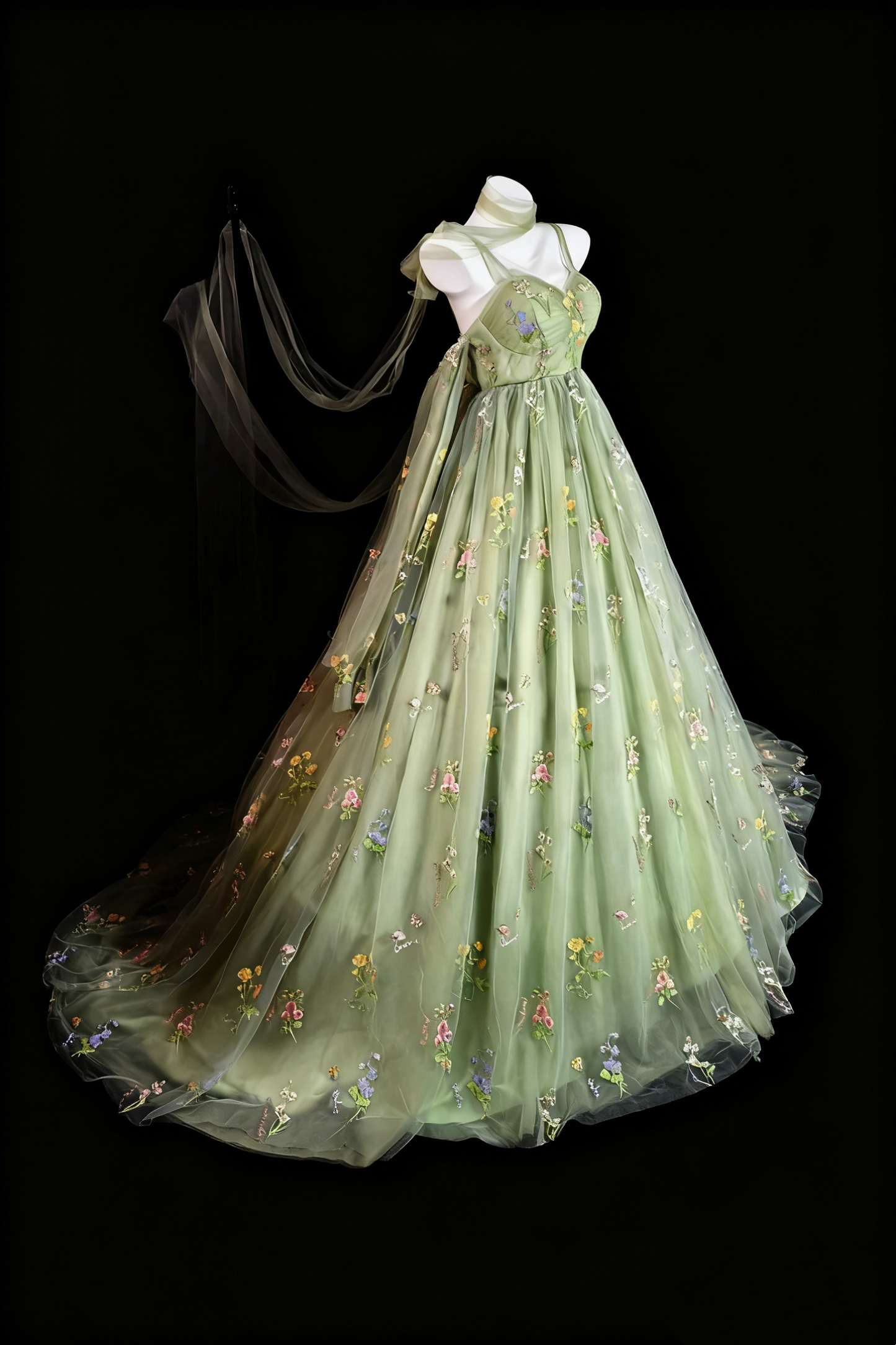 formaldressy-Green Delicate Floral Tulle Ball Gown gh6285