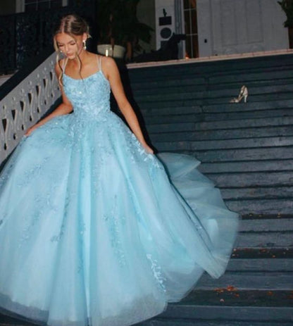 Gorgeous Lace A-Line Spaghetti Straps Backless Long Prom Dresses     cg25074