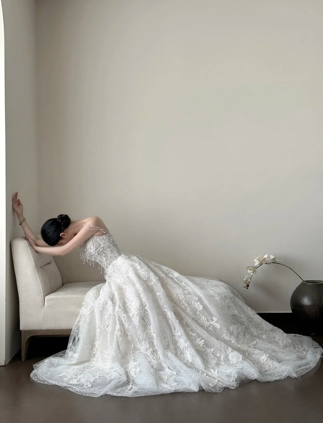 formaldressy- Vintage White Beaded Embroidery Strapless Long Train Court Style Wedding Gown gh6096