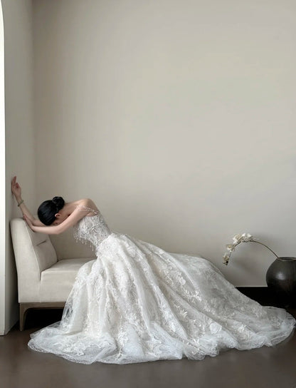 formaldressy- Vintage White Beaded Embroidery Strapless Long Train Court Style Wedding Gown gh6096