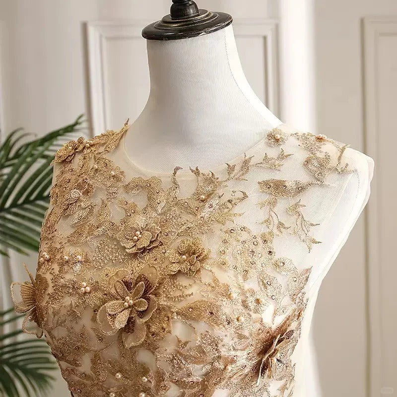 formaldressy-Champagne shimmering gold gorgeous floral bead decoration and formal ball dress with lace up, stunning wedding dress gh5311