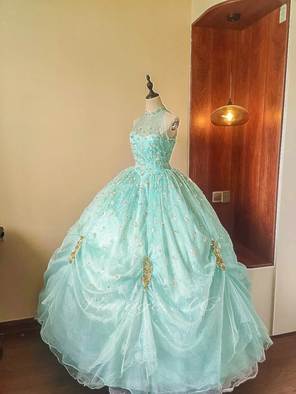 formaldressy-Mint Green Glitter Beaded Floral Long Tulle Floor-Length Ball Gown gh5300