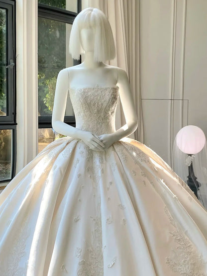 formaldressy--__White wedding dress with floral and delicate beaded appliques, simple long satin wedding dress gh5443