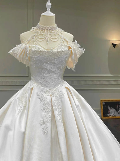 formaldressy--__hite vintage exquisite beaded tube top satin lace wedding dress, court beauty, elegance and sexiness gh5441
