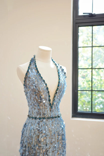 formaldressy-Blue fashion V-neck long sequined Prom dress evening dress gh5069