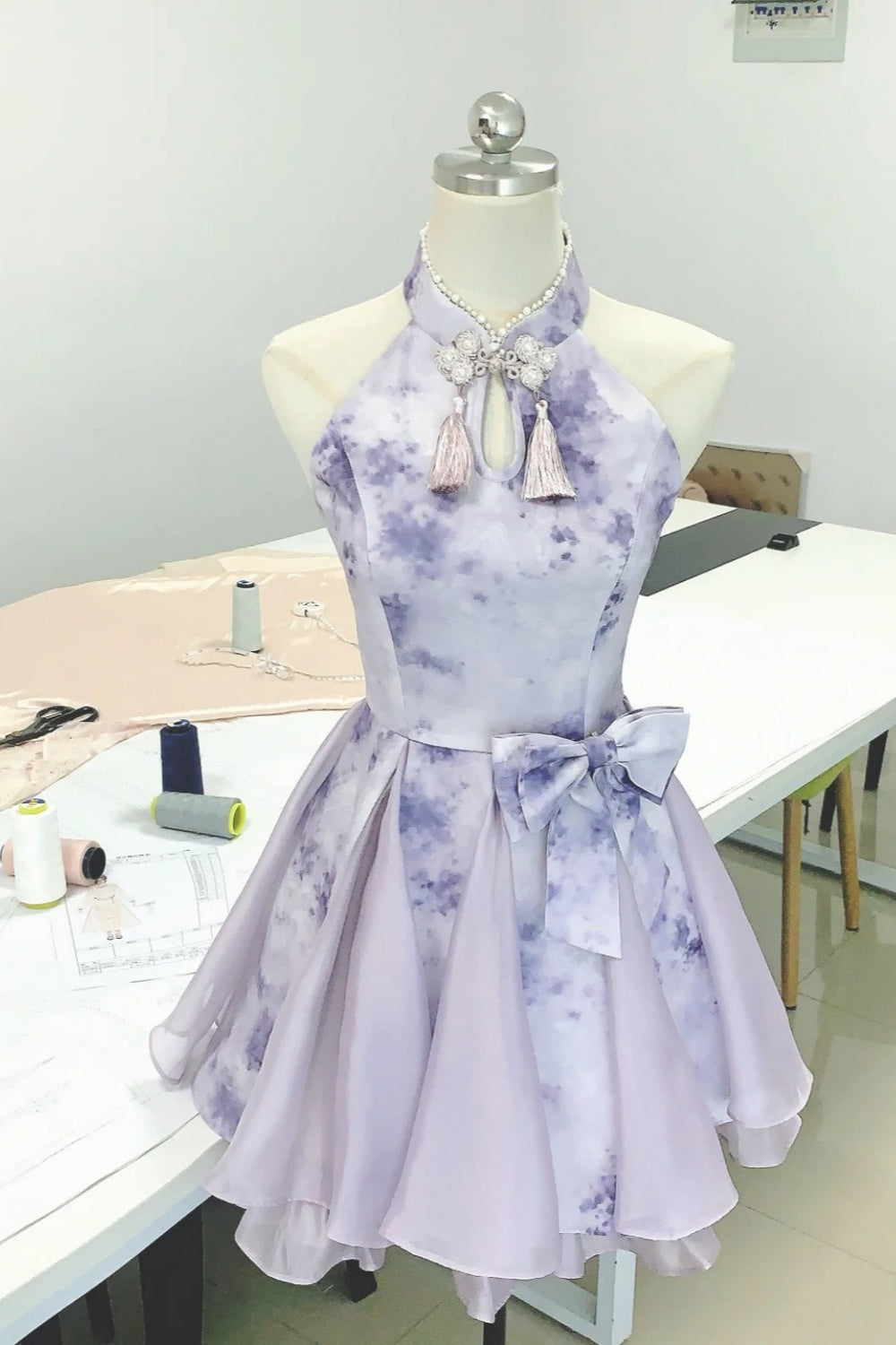formaldressy--Purple gradient color new Chinese style pearl stand collar with button bow fairy dress oriental aesthetics gh5731