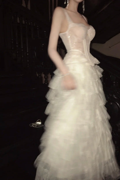 formaldressy-Sweet White Lace Strappy Gown, Tiered dress Design Overflows with Romantic Atmosphere gh5901
