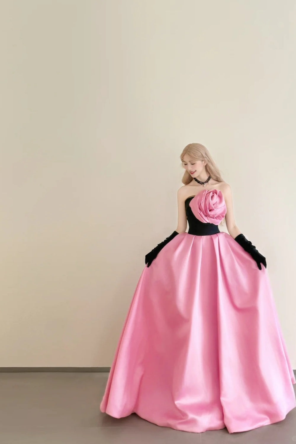 formaldressy-Vintage Pink-Black Contrast 3D Floral Strapless Swing Court Style Evening Gown gh6029