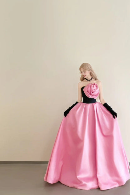 formaldressy-Vintage Pink-Black Contrast 3D Floral Strapless Swing Court Style Evening Gown gh6029