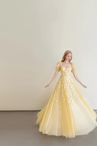 formaldressy-Vintage Goose Yellow Puff Sleeve Sequin Swing Court Style Evening Gown gh6028