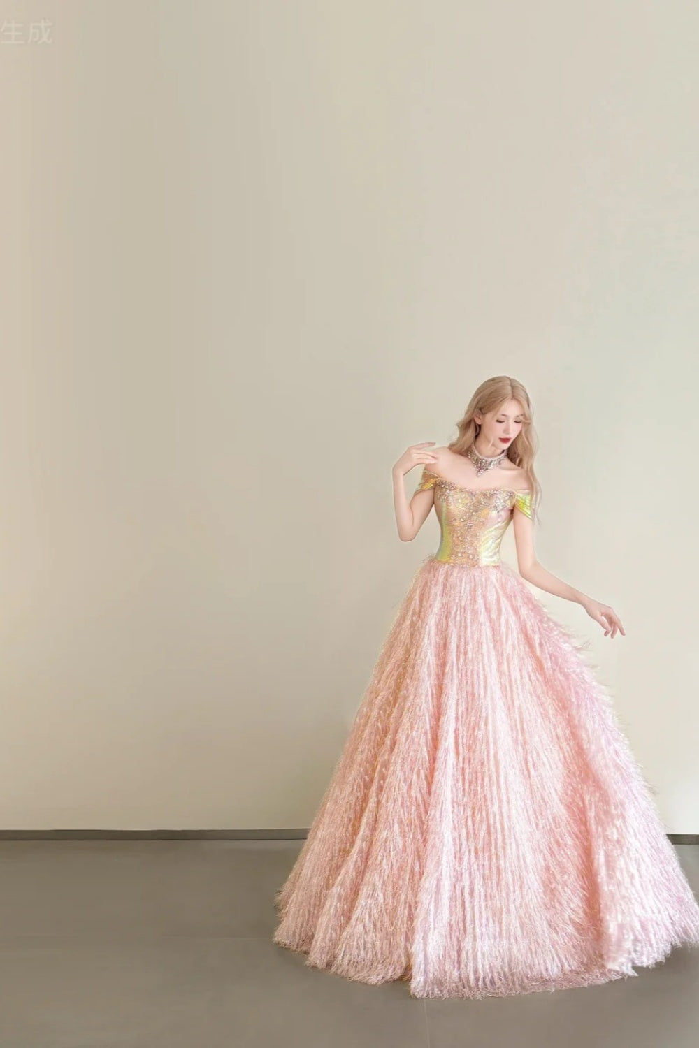 formaldressy-Vintage Pink-Gold Contrast Off-Shoulder Court Style Evening Gown gh6027