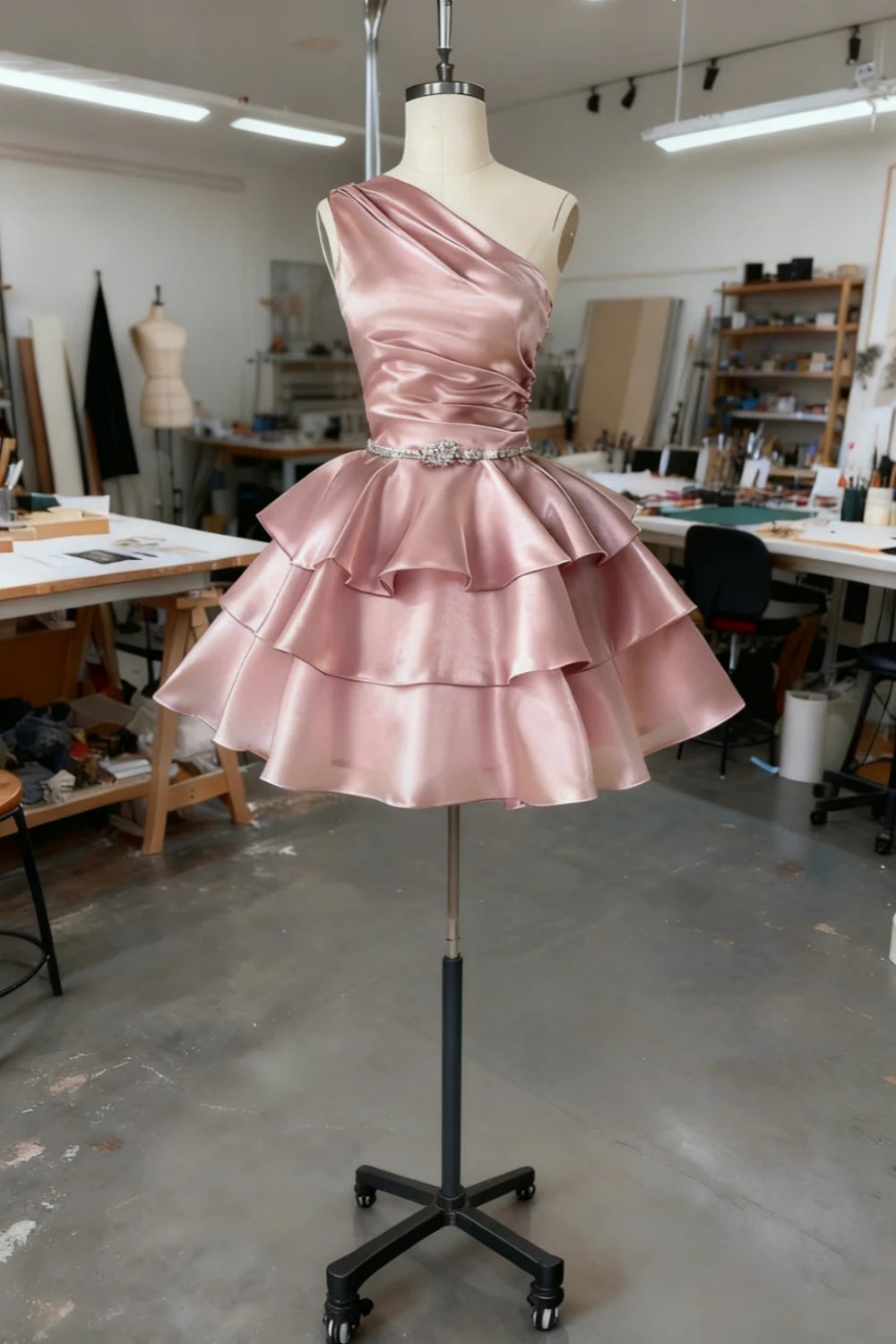 formaldressy-Pink Satin One-Shoulder Ruffled Short Birthday Dress gh6164