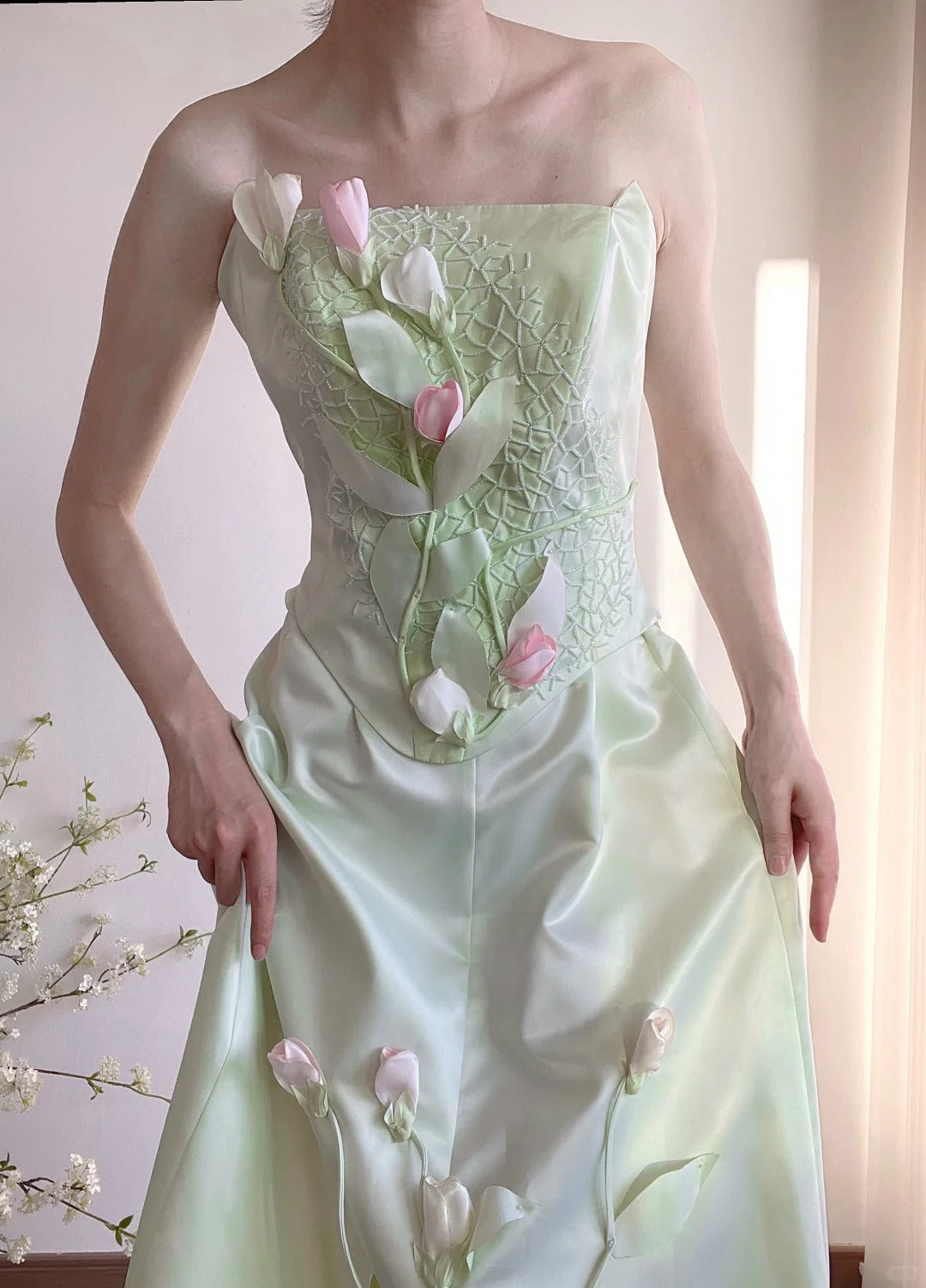 formaldressy-____Green tulip applique long satin floor-length Prom Dress evening dress gh5240