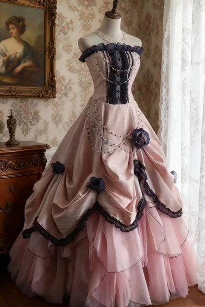 formaldressy-Sleeveless Pink - Blue Contrast Lace - decorated Puff dress, Retro Court - style Satin Floor - length Evening Dress gh5830