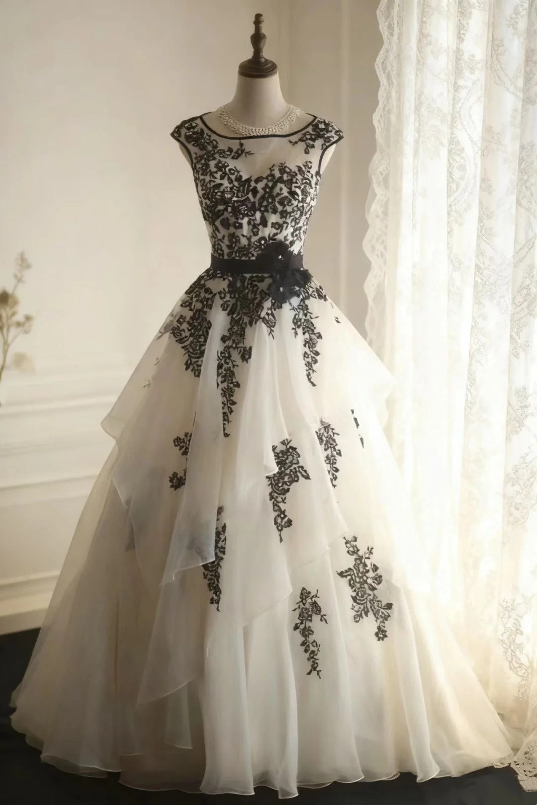 formaldressy-White black floral exquisite black swan princess dress organza wedding long adult ceremony birthday banquet dress wedding dress gh5833