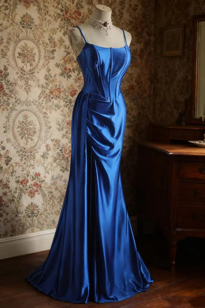 formaldressy-Sleeveless Royal Blue Satin Mermaid Dress, Retro Elegant Slim - fitting Floor - length Evening Gown  gh5828
