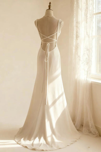 formaldressy-Sleeveless White Chiffon Mermaid Wedding Dress, Minimalist Elegant Slim - fitting Floor - length Wedding Gown gh5831